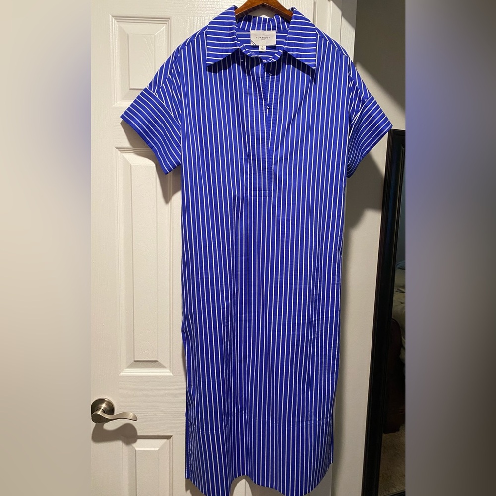 Pomander Place Royal Blue & White Vertical Stripe Midi Shirt Dress